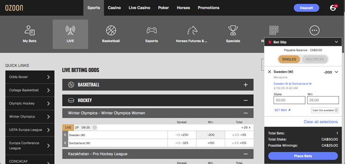 Live betting screenshot of the Ozoon sportsbook.