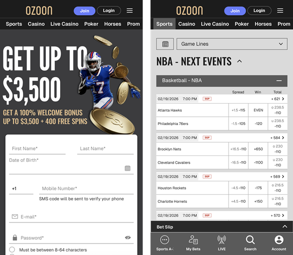 Ozoon sportsbook mobile device screenshots of home page and odds page.