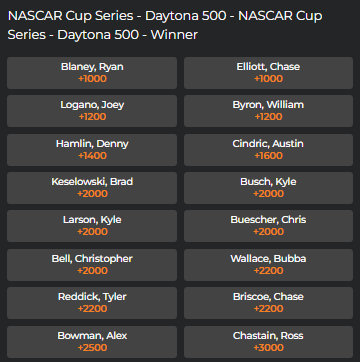 2026 Daytona 500 race winner odds from MyBookie sportsbook.