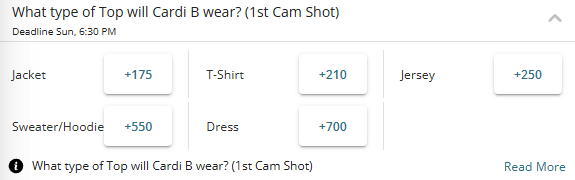 Betting odds for what top Cardi B will be wearing at Super Bowl LX from BetOnline.