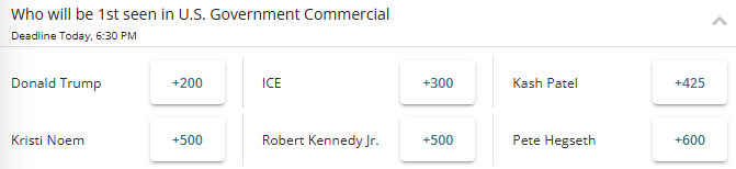 Odds for who will be seen first in a US Government commercial during the Super Bowl from BetOnline.