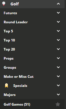 Golf betting menu at BetOnline for the 2026 Masters.