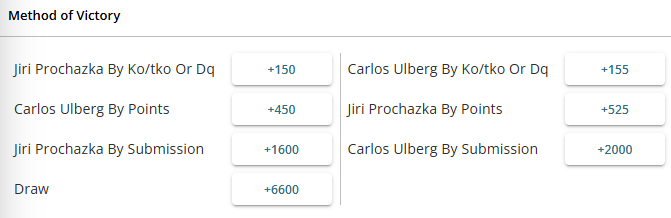 Screenshot example of Method of Victory odds for a UFC fight using the Prochazka vs Ulberg fight from UFC 327.