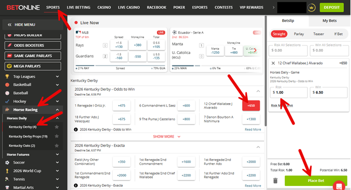 Screenshot of the clicks to place a bet on the Kentucky Derby winner at fixed odds at BetOnline sportsbook.
