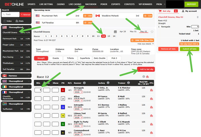 Screenshot of the clicks to place a bet on the 2026 Kentucky Derby at BetOnline Racebook.