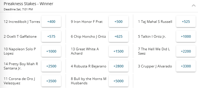 Screenshot of the fixed winner odds for the 2026 Preakness Stakes from BetOnline sportsbook.