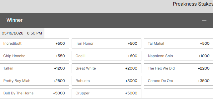 Screenshot of the fixed winner odds for the 2026 Preakness from Ozoon sportsbook.