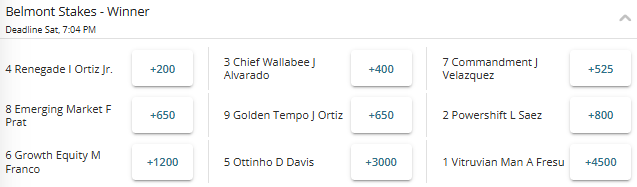 Screenshot of the odds to win the 2026 Belmont Stakes from BetOnline sportsbook.