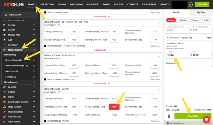 Screenshot showing the clicks to place a fixed odds winner bet on the Belmont Stakes at BetOnline.