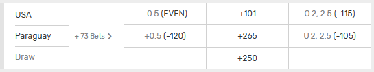 Screenshot of the USA vs Paraguay World Cup group stage match from Bovada.