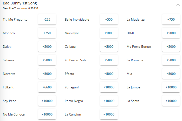 Odds for the Bad Bunny First Song at Super Bowl LX novelty prop from BetOnline.