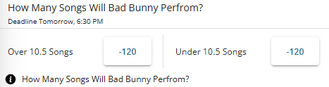 Total odds for the number of songs Bad Bunny will perform at Super Bowl LX halftime show from BetOnline.
