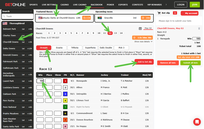 Screenshot of the clicks to place a bet on the Kentucky Derby in the BetOnline racebook on race day.