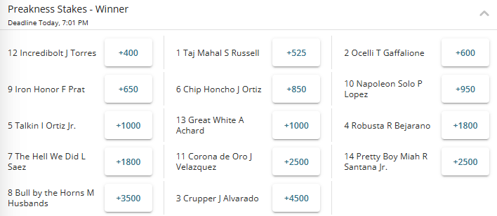 Screenshot of the fixed winner odds for the 2026 Preakness Stakes from BetOnline sportsbook.