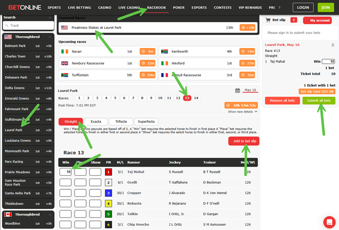 Screenshot of the clicks to place a bet on the Preakness Stakes in the BetOnline Racebook.