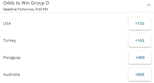 Screenshot of the Group D winner odds for the 2026 World Cup from BetOnline.