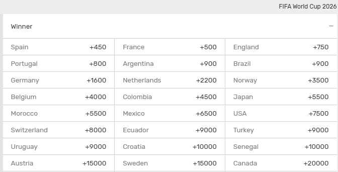 Screenshot of the World Cup 2026 outright winner odds from Bovada sportsbook.