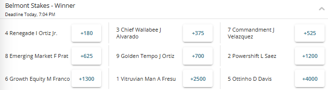 Screenshot of the Belmont Stakes fixed winner odds on race day from BetOnline.